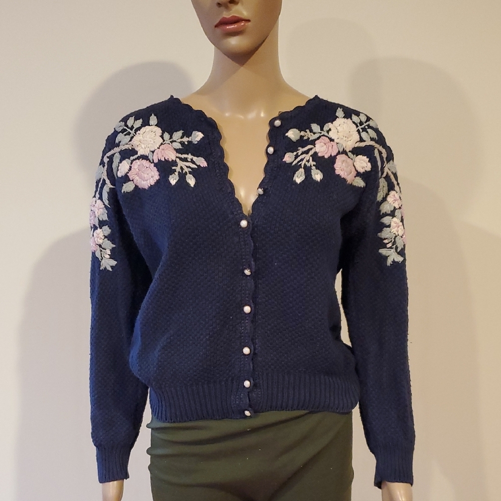 Vintage Navy Blue Floral Cardigan